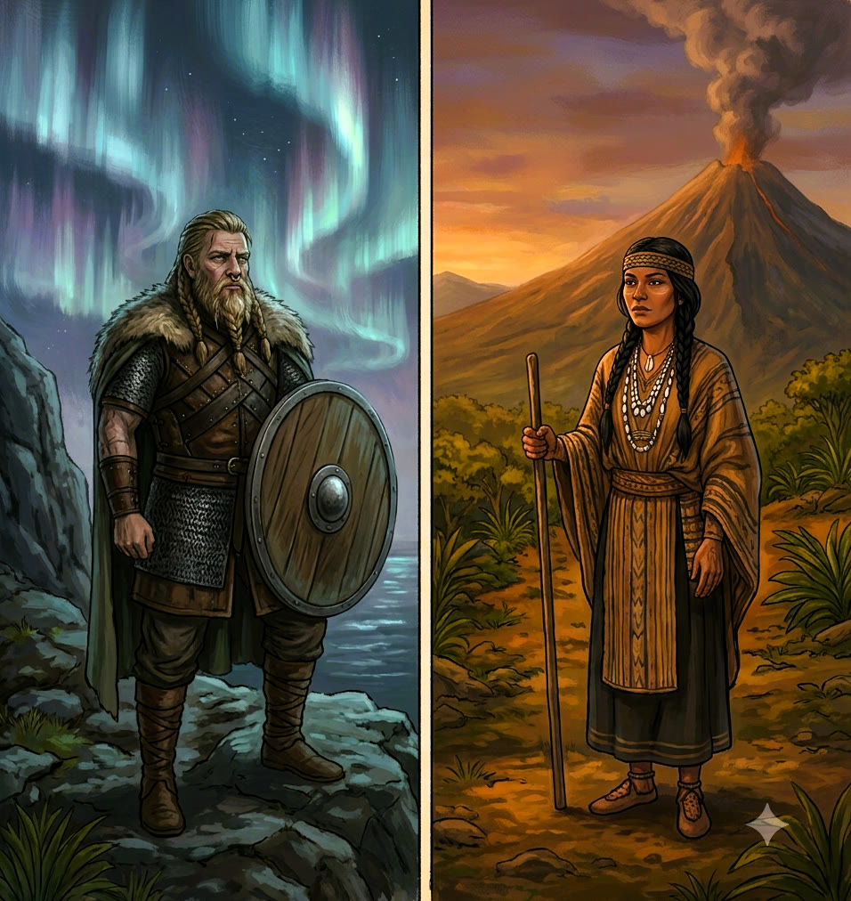 El vikingo del norte helado y la mujer indígena de la tierra de los volcanes